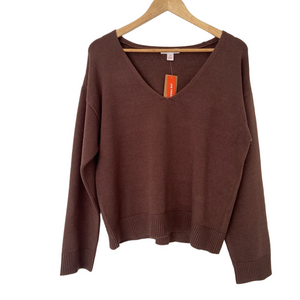 JOE FRESH DEEP BROWN V-NECK VISCOSE/POLYESTERY COZY SWEATER, LARGE